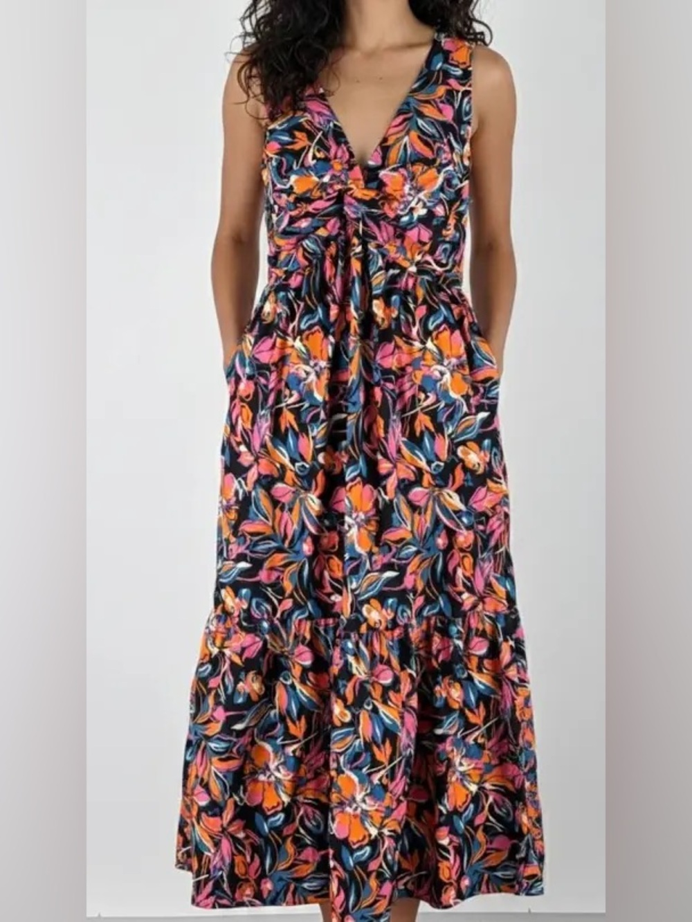 French Connection Black Maxi Dress with Pink & Orange Floral Print